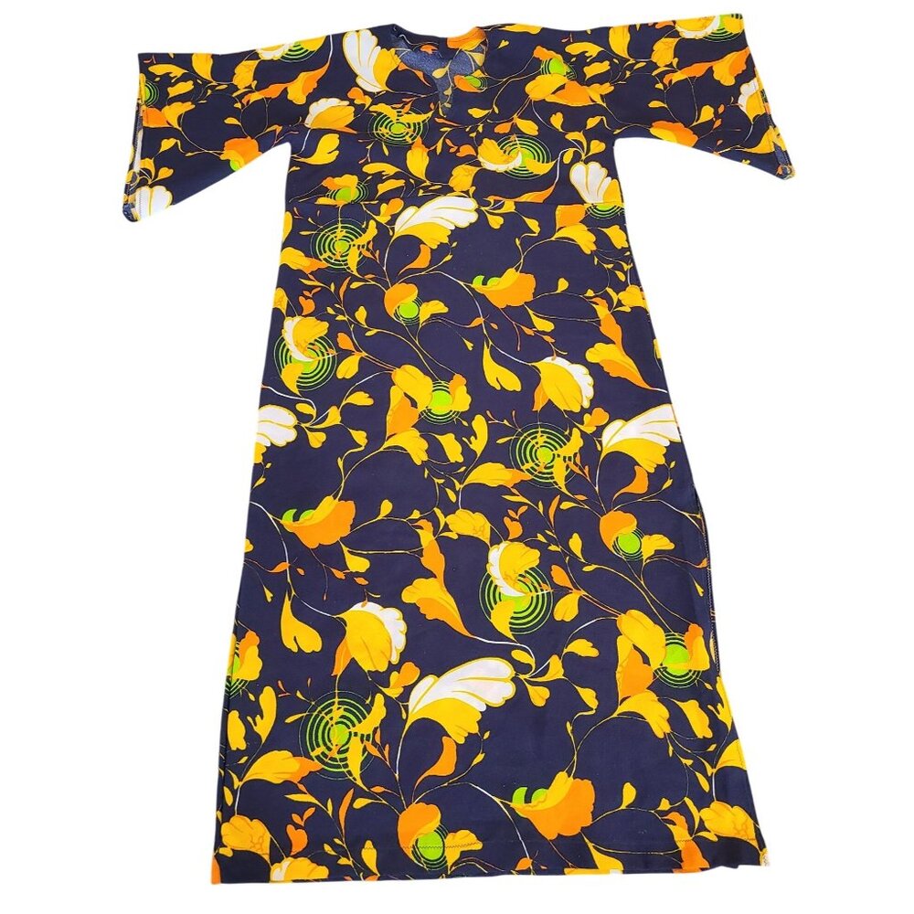 Vintage Floral Long Kaftan Dress Handmade Navy Yellow Green Abstract Print - Picture 1 of 16